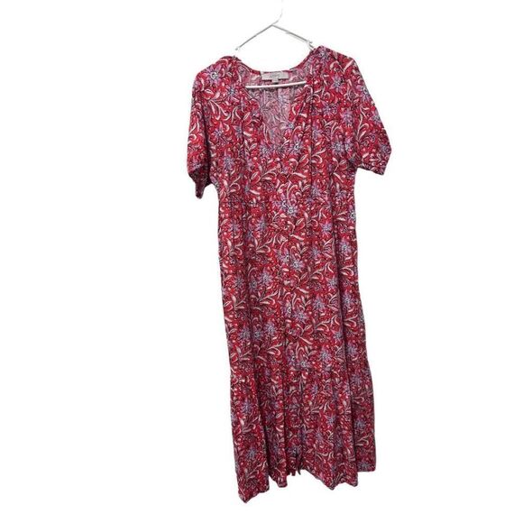LOFT Puff Sleeve Split Neck Floral Tiered Pocket Shirt Dress Red Size Medium - Picture 1 of 13